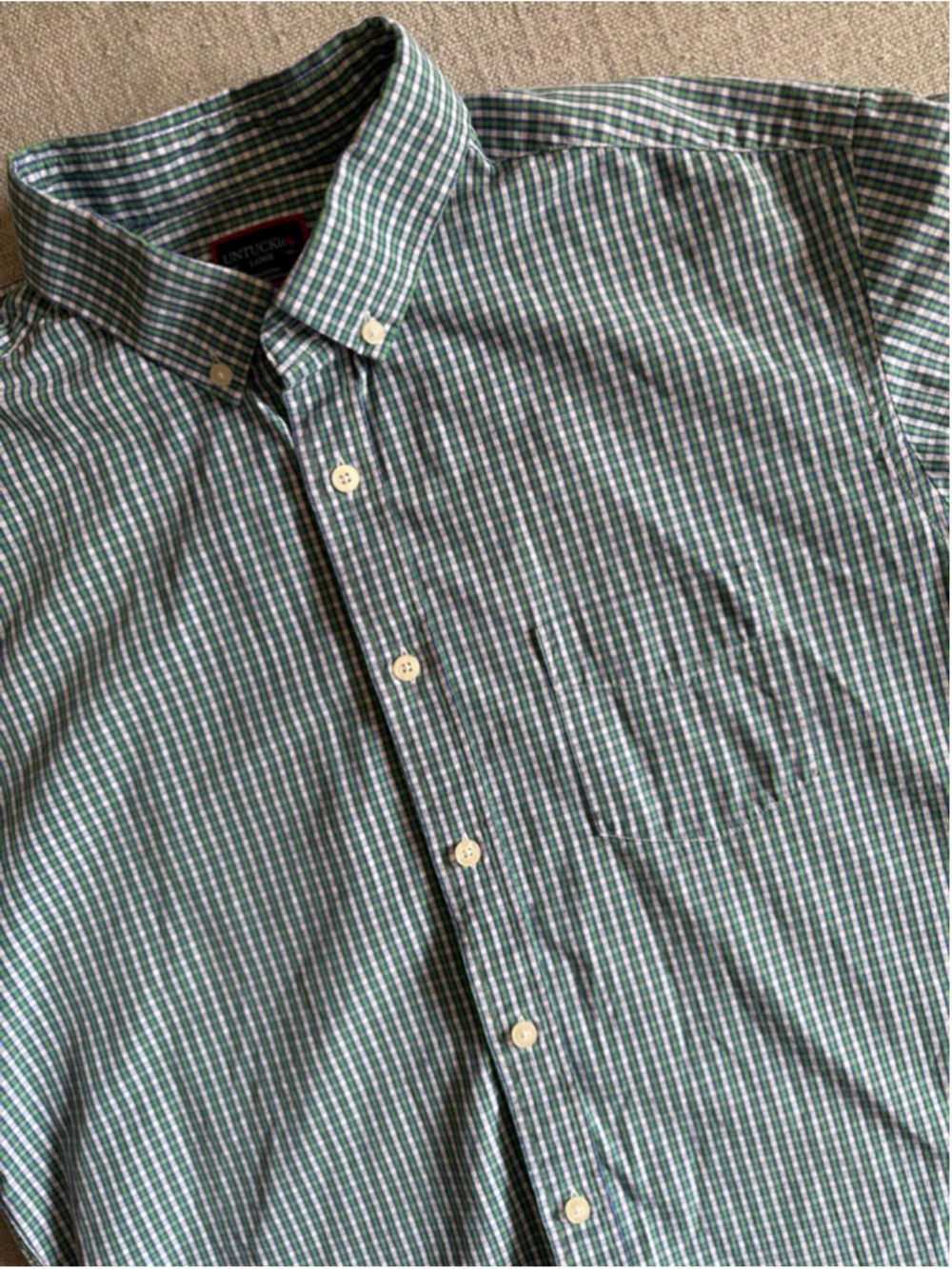 Untuckit Dunham green and blue gingham plaid men’s short sleeve button up shirt